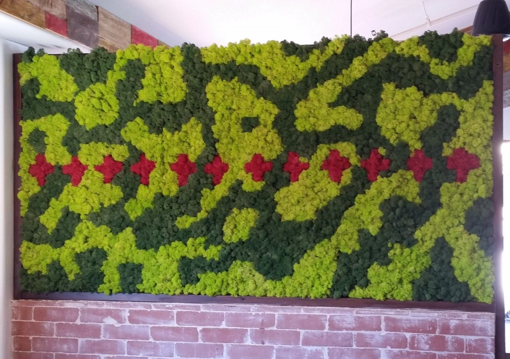 Good Earth Plants designed this moss wall for the new La Jolla restaurant “Lena.” The red “plus signs” are part of the restaurant's Mexican influenced branding design incorporated into the wall. The back side is also moss in a camouflage pattern.