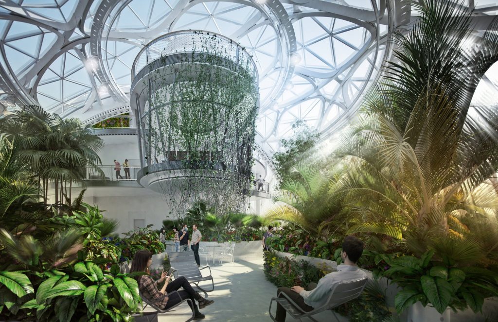 The massive Amazon workspaces inside their new greenhouses will have treehouse style meeting spaces. Rendering courtesy NBBJ