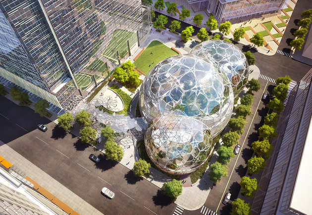 Rendering of the Amazon headquarters "biospheres" under construction in Seattle. Photo Courtesy NBBJ