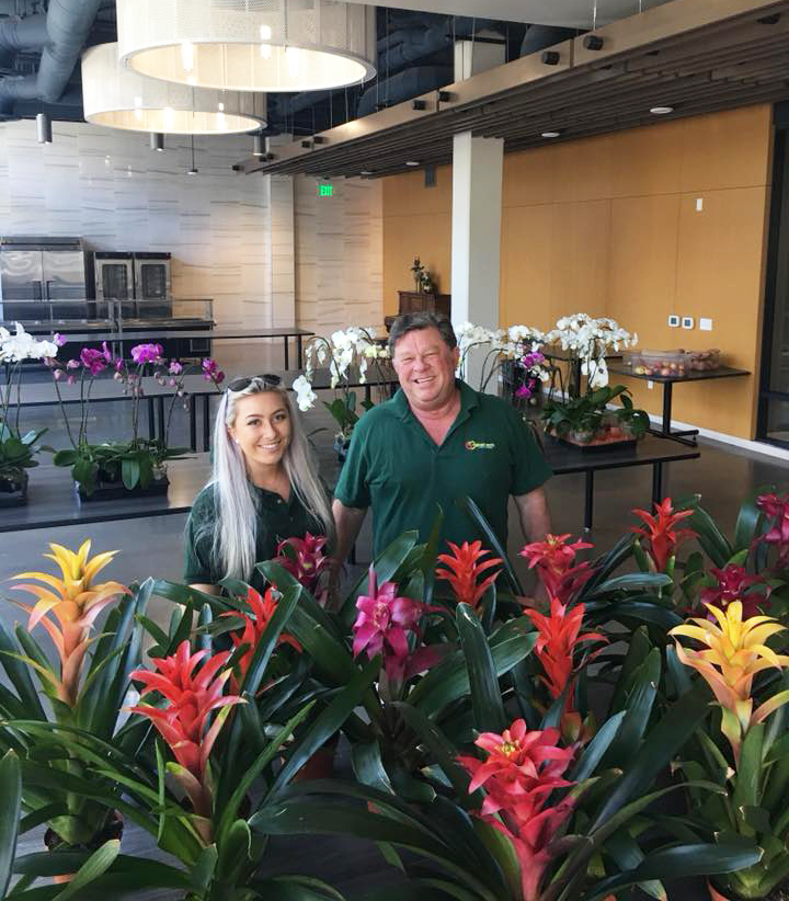 Jim Mumford and daughter Allie Mumford survey the bromeliads and orchids at the Alpha Square Apartments about to find new homes for Easter.