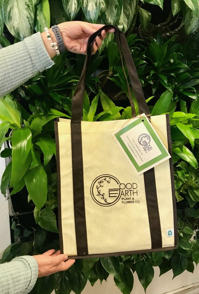 Use one of our Good Earth Plant Company Tote Bags (with vintage logo!) instead of disposable plastic bags.