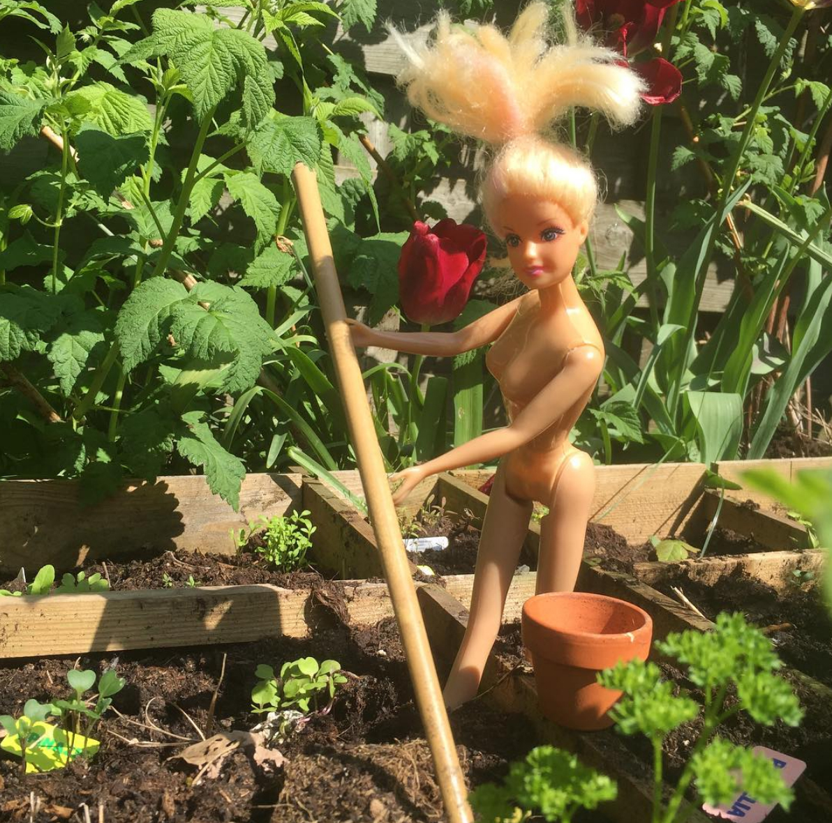 Barbie is on board! World Naked Gardening Day is on Saturday, May 4.