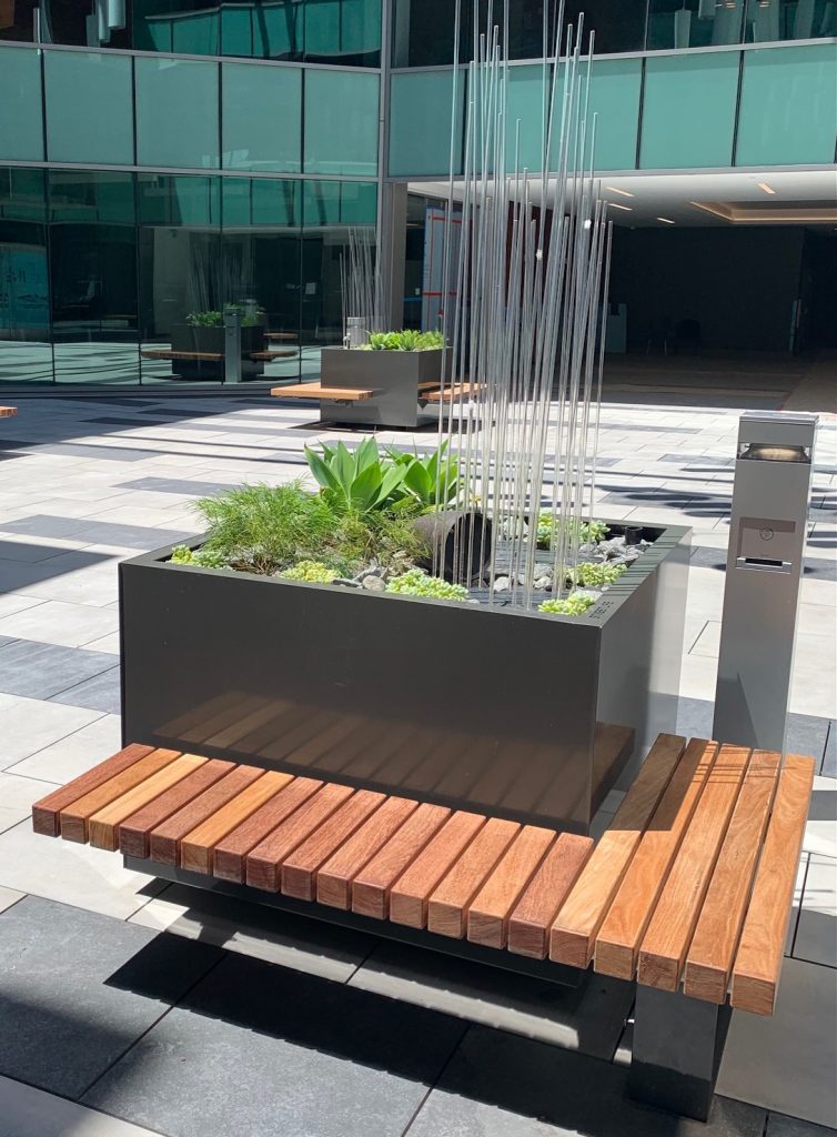 Good Earth Plant Company used Illuminating Gray in steel containers and granite stones constructed at the Paladian building in downtown San Diego. It is planted with Illuminating yellow highlights in the succulents. Photo: Jim Mumford
