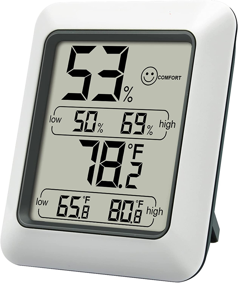 A hygrometer like this simple desktop tool can help monitor humidity levels inside.