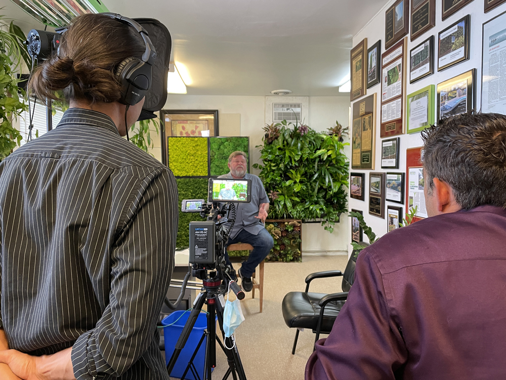 The KLCS team turned our small lobby into a TV studio for a day while shooting "Sustainability US." Photo: Good Earth Plant CompanyThe KLCS team turned our small lobby into a TV studio for a day while shooting "Sustainability US." Photo: Good Earth Plant Company