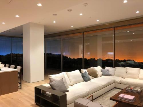 Residential project in Beverly Hills, California. Wall is constructed with replica plants and backlit to simulate the look of sunset. It is in a narrow space behind the windows.